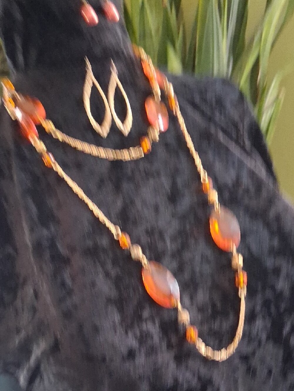 Vintage Gold and Orange Faceted Bead Long Necklace with Earrings - Picture 10 of 11